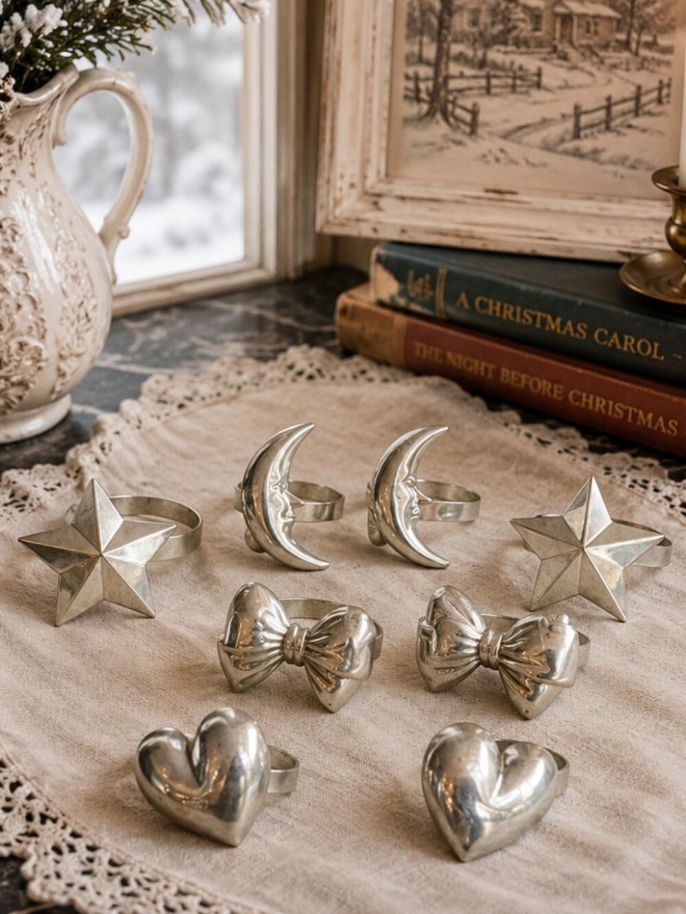 8 Rare Vintage Whimsical Celestial & Western Shapes Silver Plated Napkin Rings